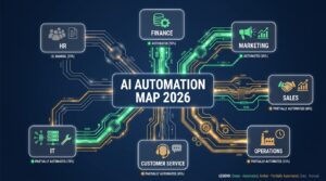 AI Automation Map 2026 — department-by-department org chart showing automated, partially automated, and manual processes