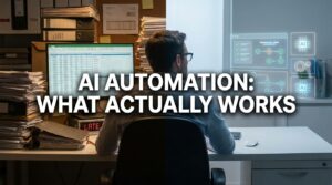 AI Automation for Business — split workspace showing manual work vs. AI-powered automated workflows