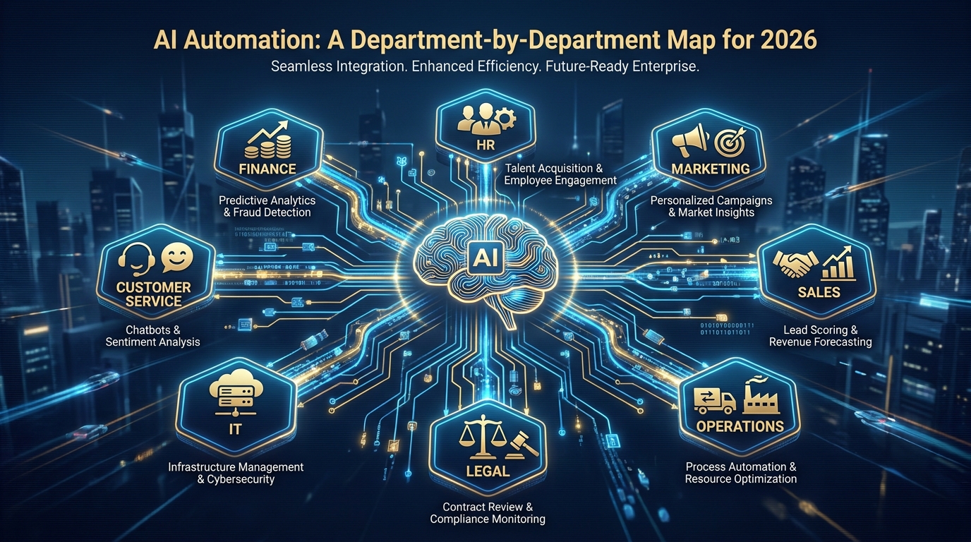 AI automation department-by-department map for business in 2026 — organizational chart with connected AI data streams