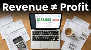 Amazon seller dashboard showing large revenue figure versus tiny actual profit — Revenue does not equal Profit