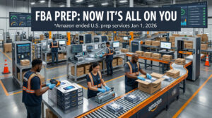 FBA prep compliance workflow 2026 — workers applying FNSKU labels and polybagging units in a modern prep warehouse