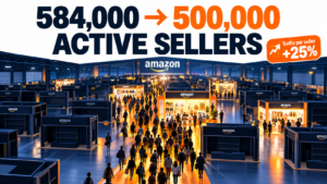 Amazon marketplace hall with many empty seller booths and a few crowded ones, showing active sellers falling from 584,000 to 500,000 while traffic per seller rose 25%
