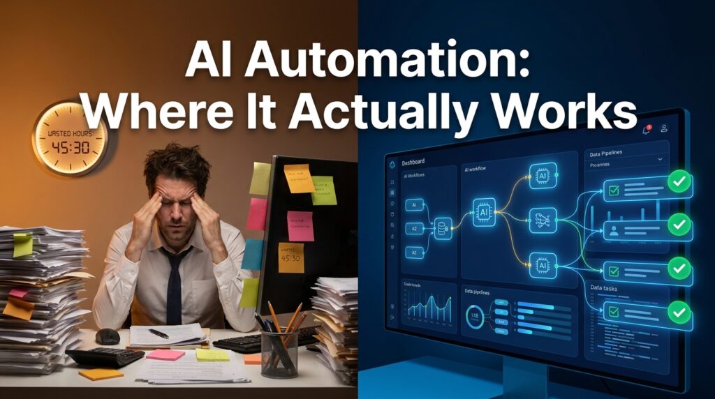 Split-screen showing manual office work on the left versus a smooth AI automation dashboard on the right — representing where AI automation actually works in business