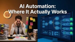 Split-screen showing manual office work on the left versus a smooth AI automation dashboard on the right — representing where AI automation actually works in business