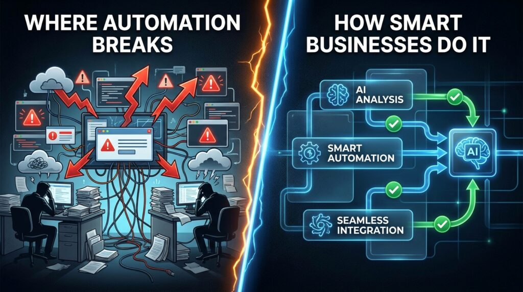 Split-scene infographic showing where automation breaks down on the left and how smart businesses handle AI automation on the right