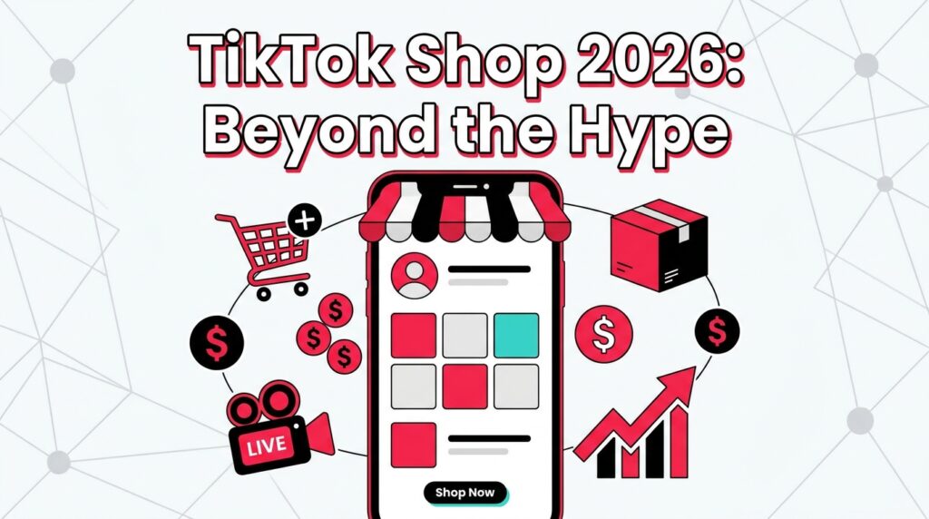 TikTok Shop 2026: Beyond the Hype — a smartphone showing a TikTok Shop storefront surrounded by revenue and commerce icons