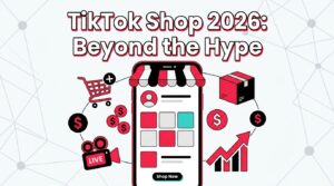 TikTok Shop 2026: Beyond the Hype — a smartphone showing a TikTok Shop storefront surrounded by revenue and commerce icons