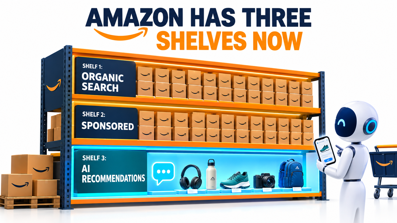 Illustration of three retail shelves labeled organic search, sponsored, and AI recommendations, showing Amazon