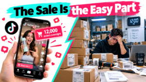 Split illustration showing a viral TikTok Shop video with thousands of overnight orders beside an overwhelmed packing station, headlined The Sale Is the Easy Part