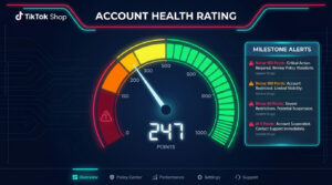 TikTok Shop Account Health Rating dashboard showing gauge at 247 points with color-coded zones and milestone alerts at 150, 100, 50, and 0 points