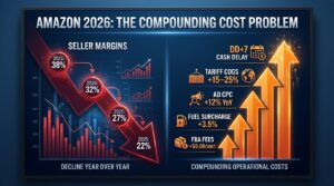 Amazon 2026 compounding cost problem: seller margins falling while FBA fees, fuel surcharges, ad costs, and tariffs all rise simultaneously