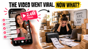 A split scene: a phone showing a viral TikTok Shop video with 2.4 million views on one side, and a seller buried in unpacked boxes with 3,812 orders but only 900 units in stock on the other