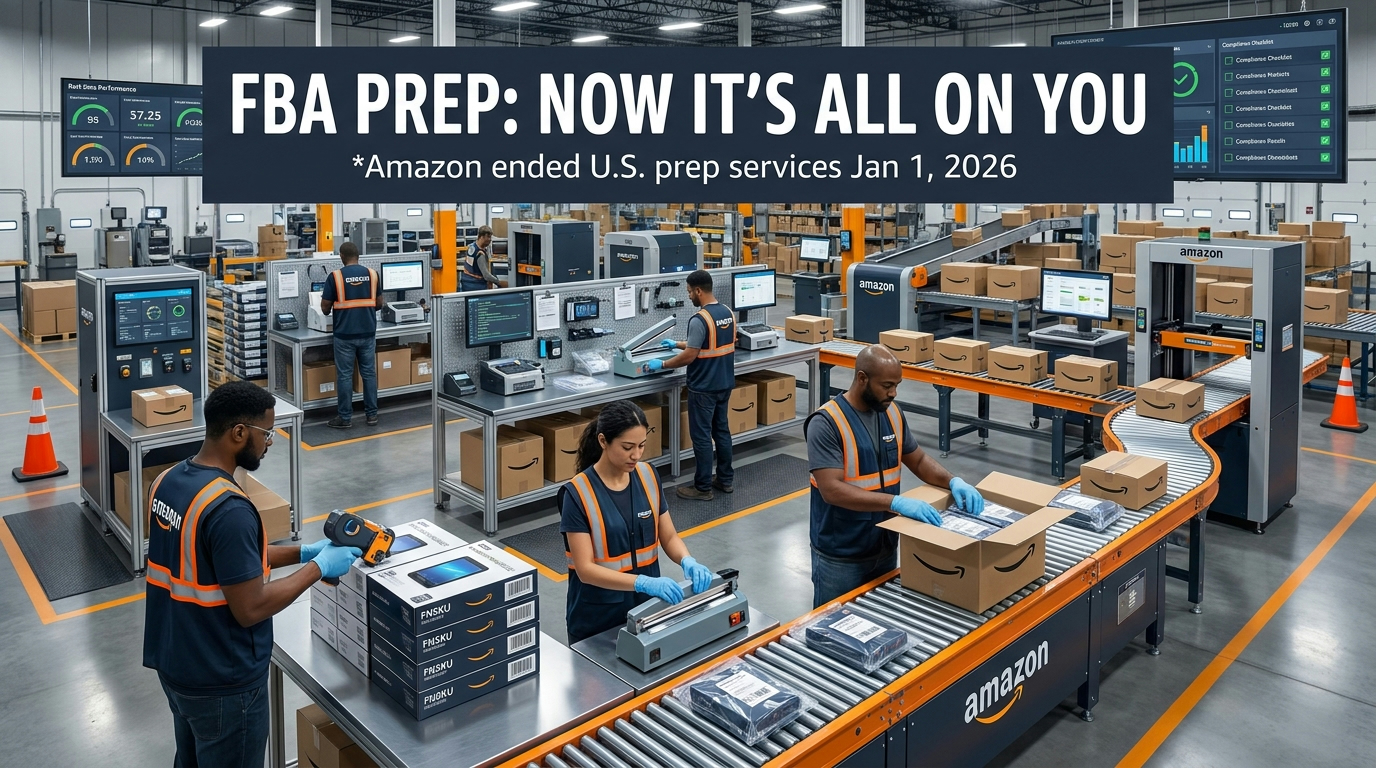 FBA prep compliance workflow 2026 — workers applying FNSKU labels and polybagging units in a modern prep warehouse