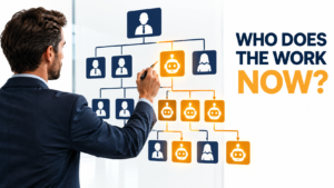 A manager redrawing a corporate org chart where some boxes are humans and others are AI agents, with the headline Who Does the Work Now?