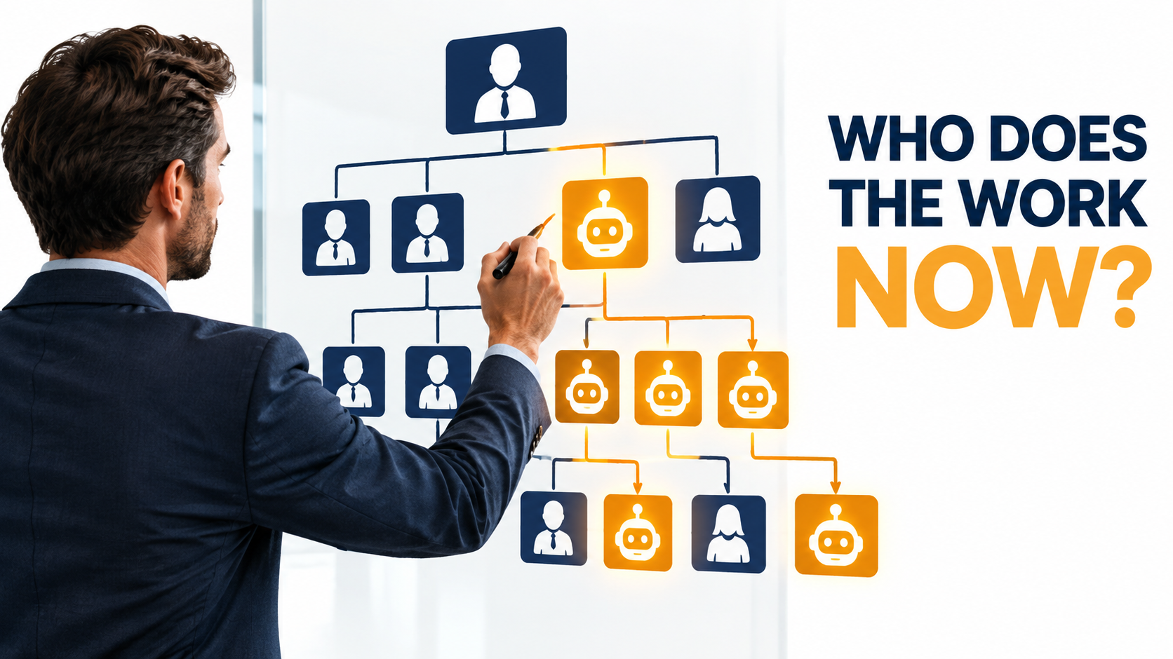 A manager redrawing a corporate org chart where some boxes are humans and others are AI agents, with the headline Who Does the Work Now?
