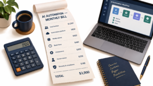 A long receipt titled AI Automation Monthly Bill unrolled across a small business desk, listing seat licenses, automation platform, model tokens, build time, maintenance, human review, and security costs