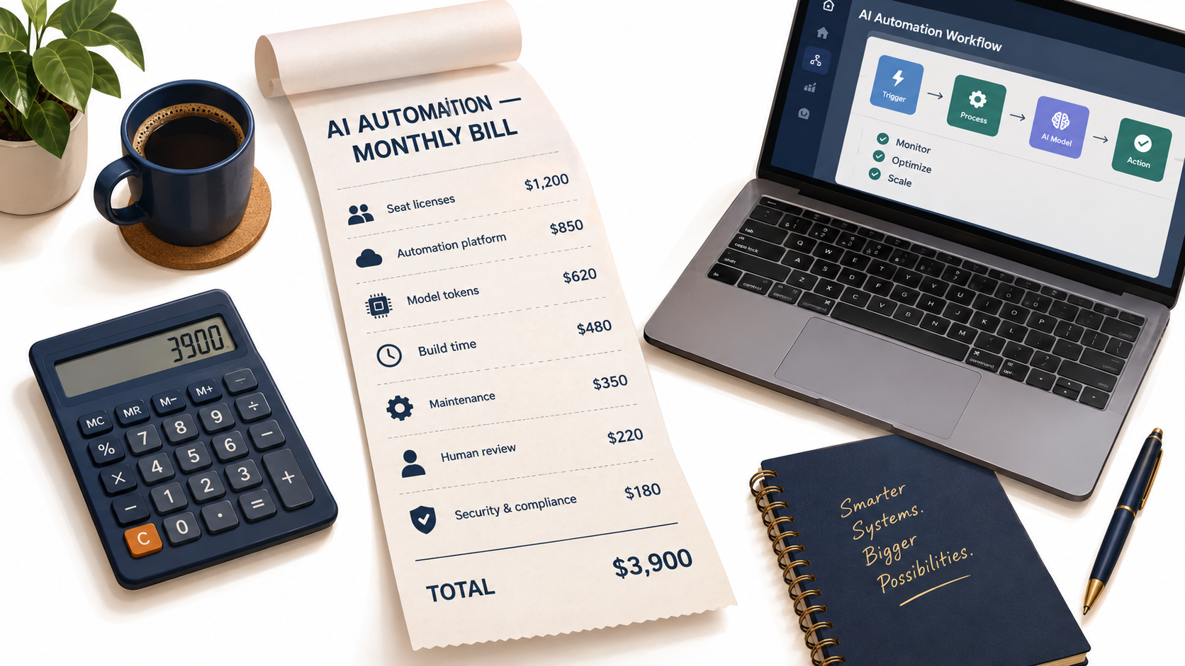 A long receipt titled AI Automation Monthly Bill unrolled across a small business desk, listing seat licenses, automation platform, model tokens, build time, maintenance, human review, and security costs