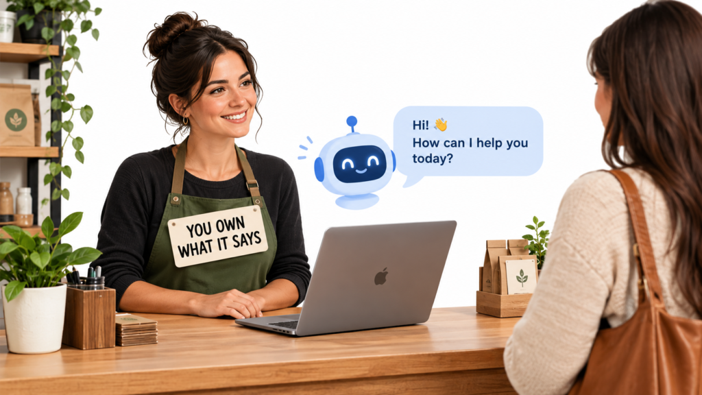 Small business owner behind a counter while an AI chatbot speaks to a customer, with a label reading You Own What It Says