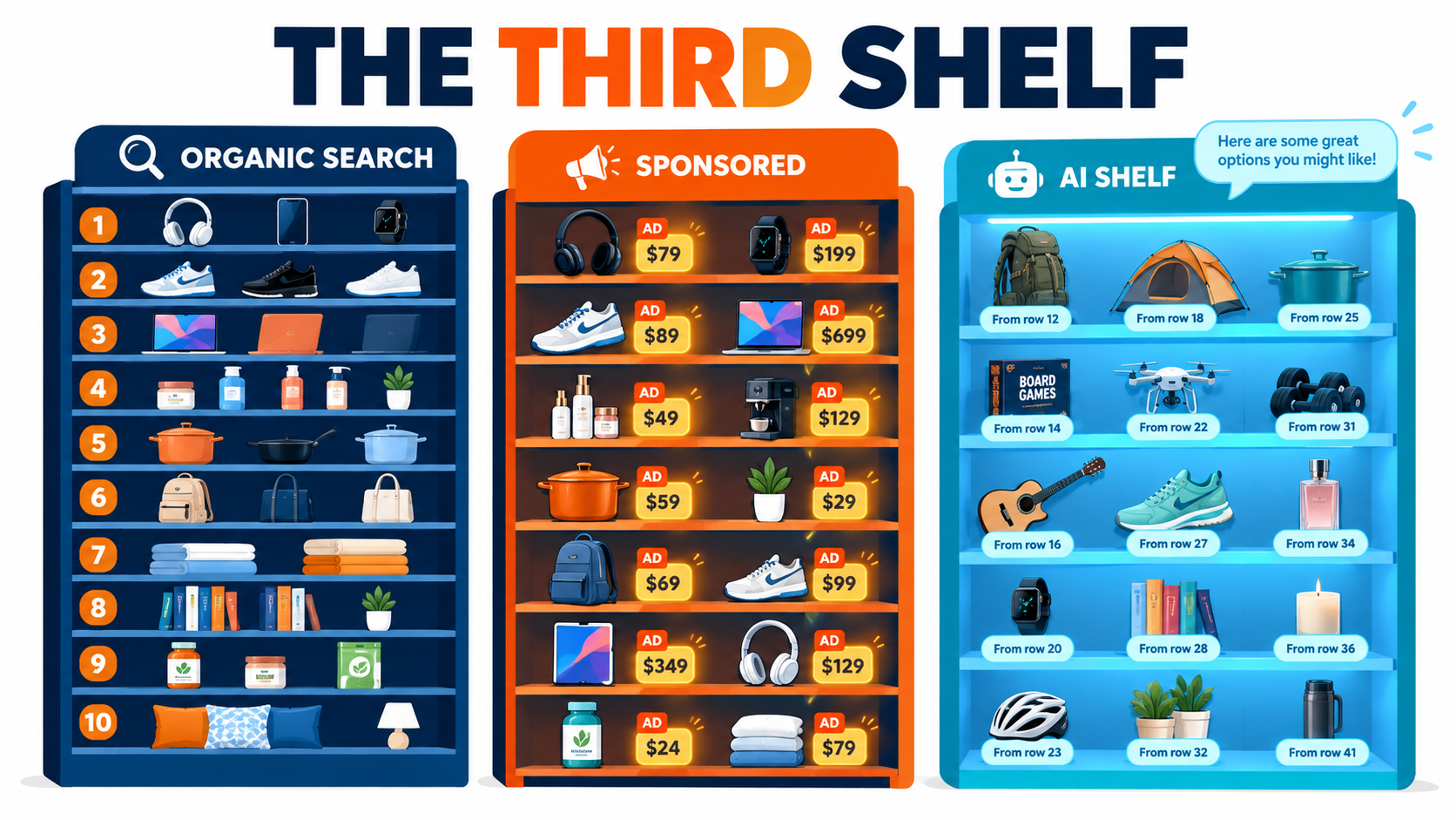 Three digital store shelves labeled Organic Search, Sponsored, and AI Shelf, showing how Amazon