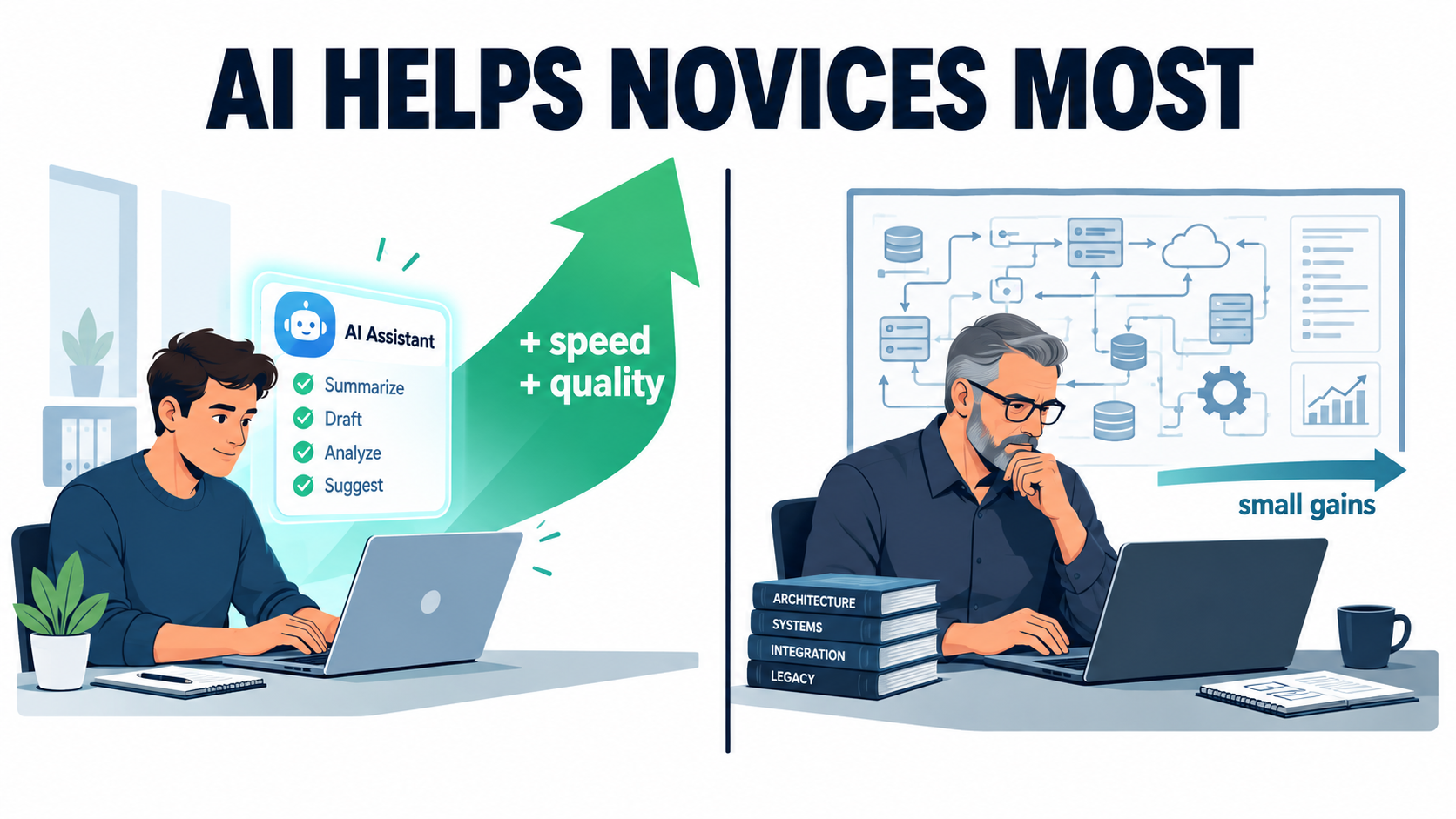 Split illustration showing a new employee gaining large speed and quality improvements from an AI assistant while a senior expert sees only small gains