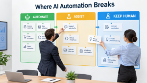 Wall diagram sorting business tasks into three lanes labeled Automate, Assist, and Keep Human, with a manager moving a task card between lanes