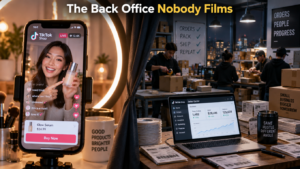 Split illustration showing a TikTok Shop video on a phone on one side and a busy warehouse back office with packing tables and shipping labels on the other