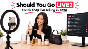 Home livestream studio setup for TikTok Shop selling with a phone on a ring light, products on a table, and live chat on a monitor