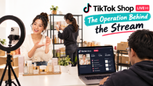 Behind-the-scenes view of a TikTok Shop LIVE studio with a host demoing a skincare product, a producer monitoring a dashboard, and a teammate restocking shelves