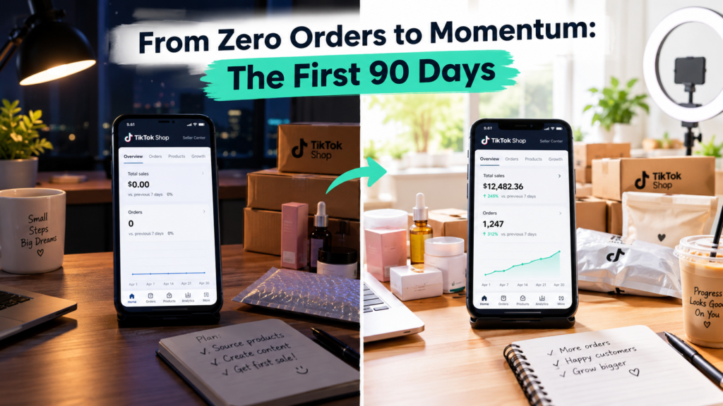 Split image of a TikTok Shop seller dashboard showing zero orders at night and over a thousand orders in daylight, titled From Zero Orders to Momentum: The First 90 Days