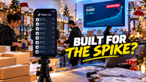 E-commerce warehouse at night during the holiday season with a monitor showing a Q4 TikTok Shop order spike