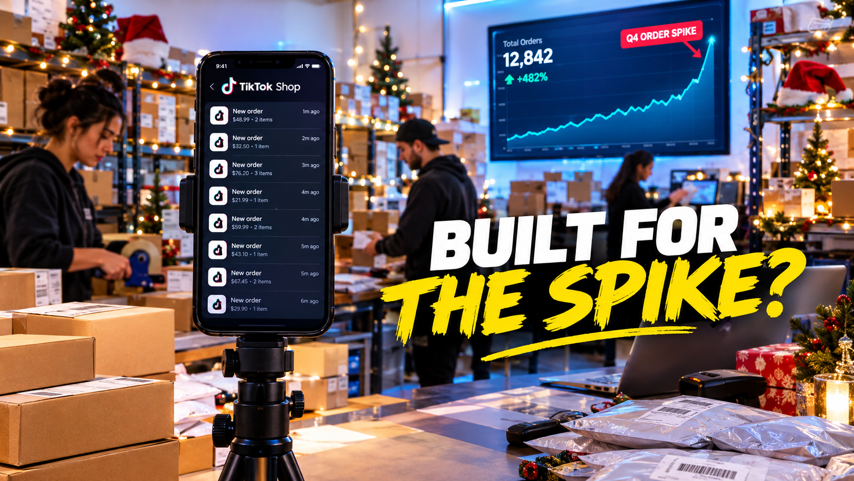 E-commerce warehouse at night during the holiday season with a monitor showing a Q4 TikTok Shop order spike