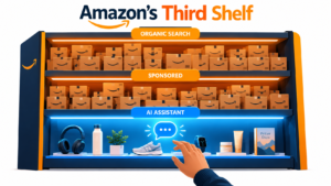 Illustration of three retail shelves labeled Organic Search, Sponsored, and AI Assistant, with the AI shelf lit separately