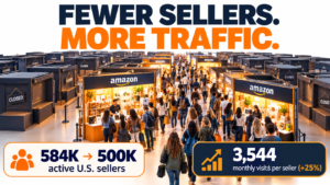 Amazon marketplace with many closed seller stalls and a few busy ones, showing active U.S. sellers falling from 584K to 500K while visits per seller rise to 3,544