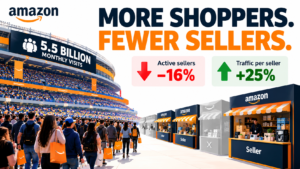 Illustration of a crowded Amazon marketplace with shrinking seller stalls, showing active sellers down 16% and traffic per seller up 25%