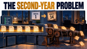 An automated document workflow whose gears rust and belts fray as the calendar moves from month 1 to month 14, illustrating the second-year problem of AI automation