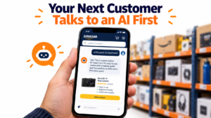 Smartphone showing an Amazon shopping app with an AI assistant answering a shopper