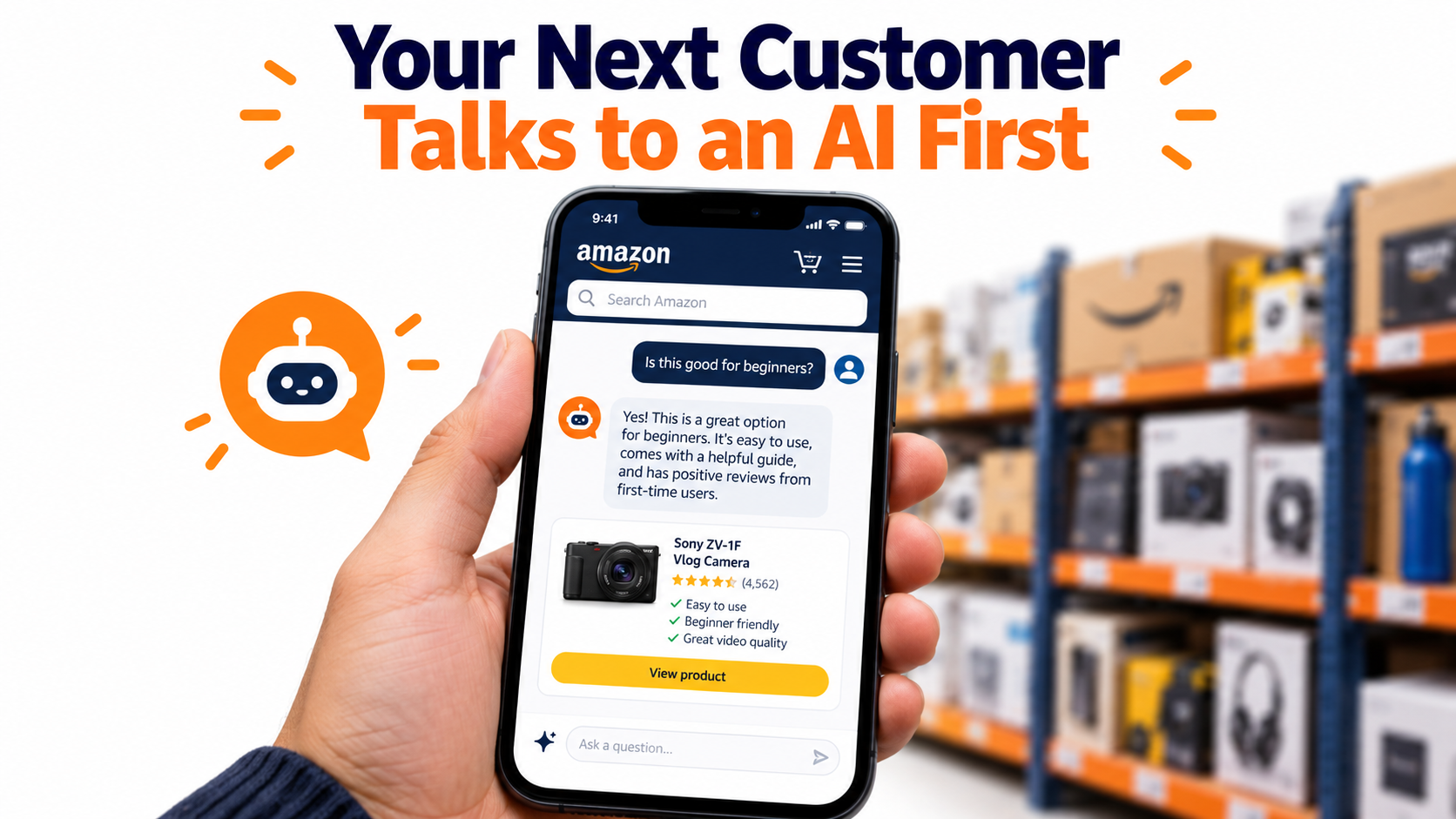 Smartphone showing an Amazon shopping app with an AI assistant answering a shopper