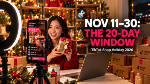 TikTok Shop seller streaming a holiday LIVE session from a home studio, with the text overlay Nov 11–30: The 20-Day Window