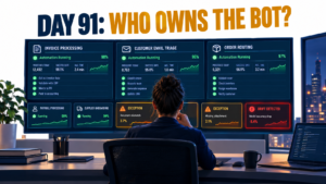 Operations analyst watching dashboards of business automations with exception and drift alerts under the headline Day 91: Who Owns the Bot?