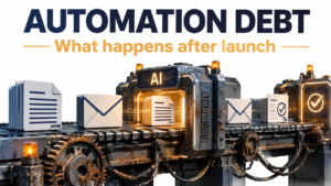 Illustration of an AI automation conveyor with rusting gears and amber warning lights under the headline Automation Debt