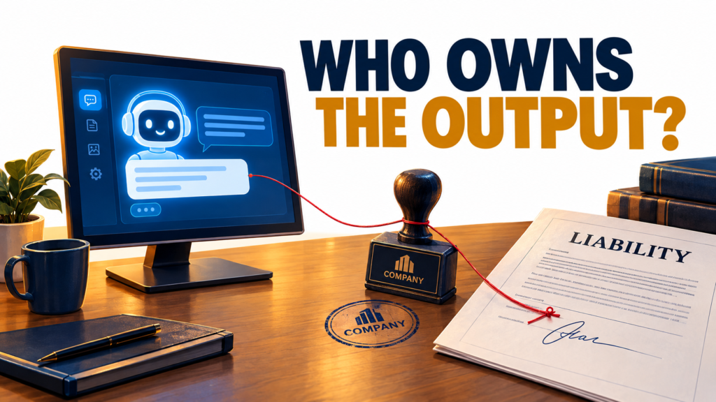 AI chatbot on an office monitor connected by a red thread to a company stamp and a liability document, with the headline Who Owns the Output