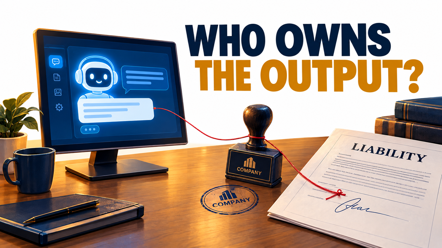 AI chatbot on an office monitor connected by a red thread to a company stamp and a liability document, with the headline Who Owns the Output