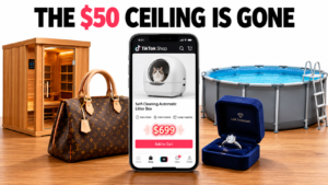 Smartphone showing a TikTok Shop product page for a $699 self-cleaning litter box, surrounded by high-ticket items like a sauna, luxury handbag and diamond ring