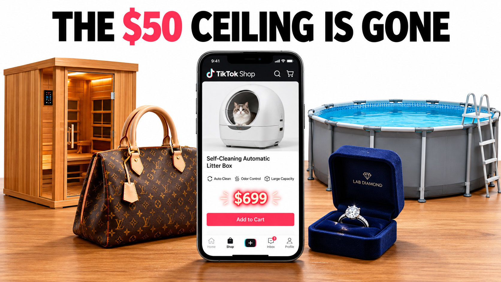 Smartphone showing a TikTok Shop product page for a $699 self-cleaning litter box, surrounded by high-ticket items like a sauna, luxury handbag and diamond ring