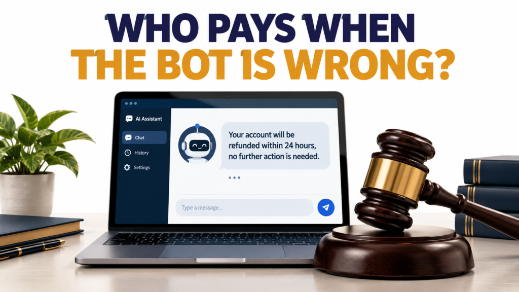 A customer service chatbot giving a confident wrong answer on a laptop, next to a courtroom gavel, under the headline Who Pays When the Bot Is Wrong?