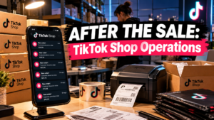 A small-business packing station at night with a phone showing a flood of TikTok Shop order notifications, mailer boxes and a label printer