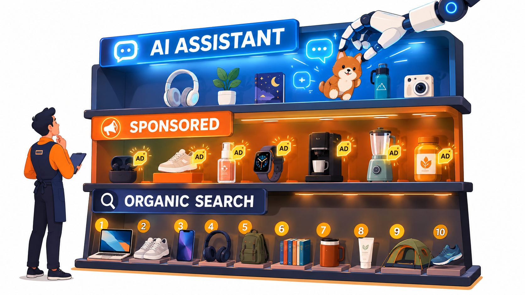 Illustration of three retail shelves labeled Organic Search, Sponsored, and AI Assistant, with a seller looking up at the AI shelf