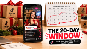Phone on a packing table showing a TikTok Shop LIVE stream next to holiday-wrapped boxes and a calendar with November 11 to 30 circled