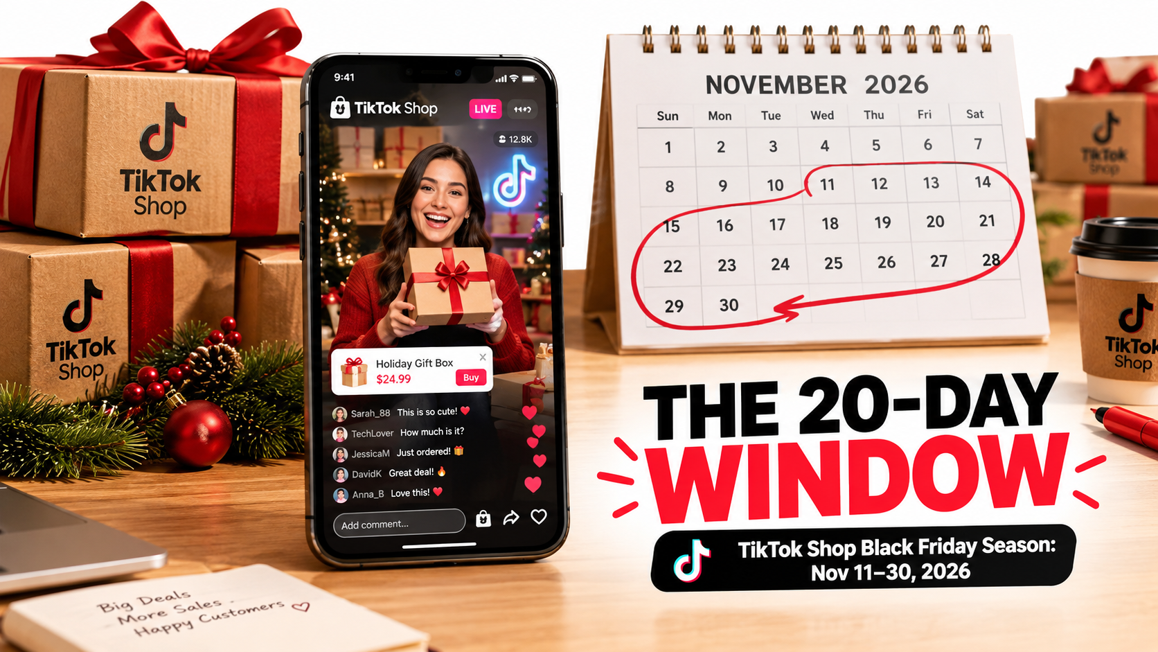 Phone on a packing table showing a TikTok Shop LIVE stream next to holiday-wrapped boxes and a calendar with November 11 to 30 circled