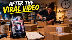 Small e-commerce warehouse at night with a phone showing a viral TikTok Shop order counter and staff packing boxes